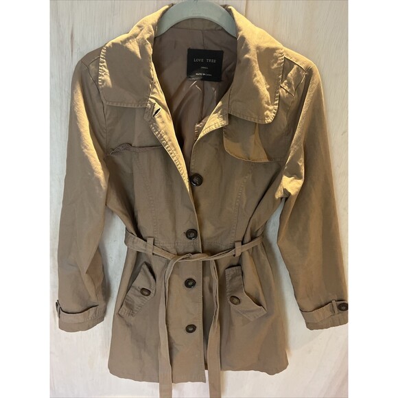 Love Tree Womens Trench Coat Jacket Size Small Belted Waist Pockets - Picture 1 of 11